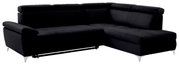 Schwarzes Ecksofa mit verstellbaren Kopfstützen und silbernen Füßen, Perspektive von vorne links.