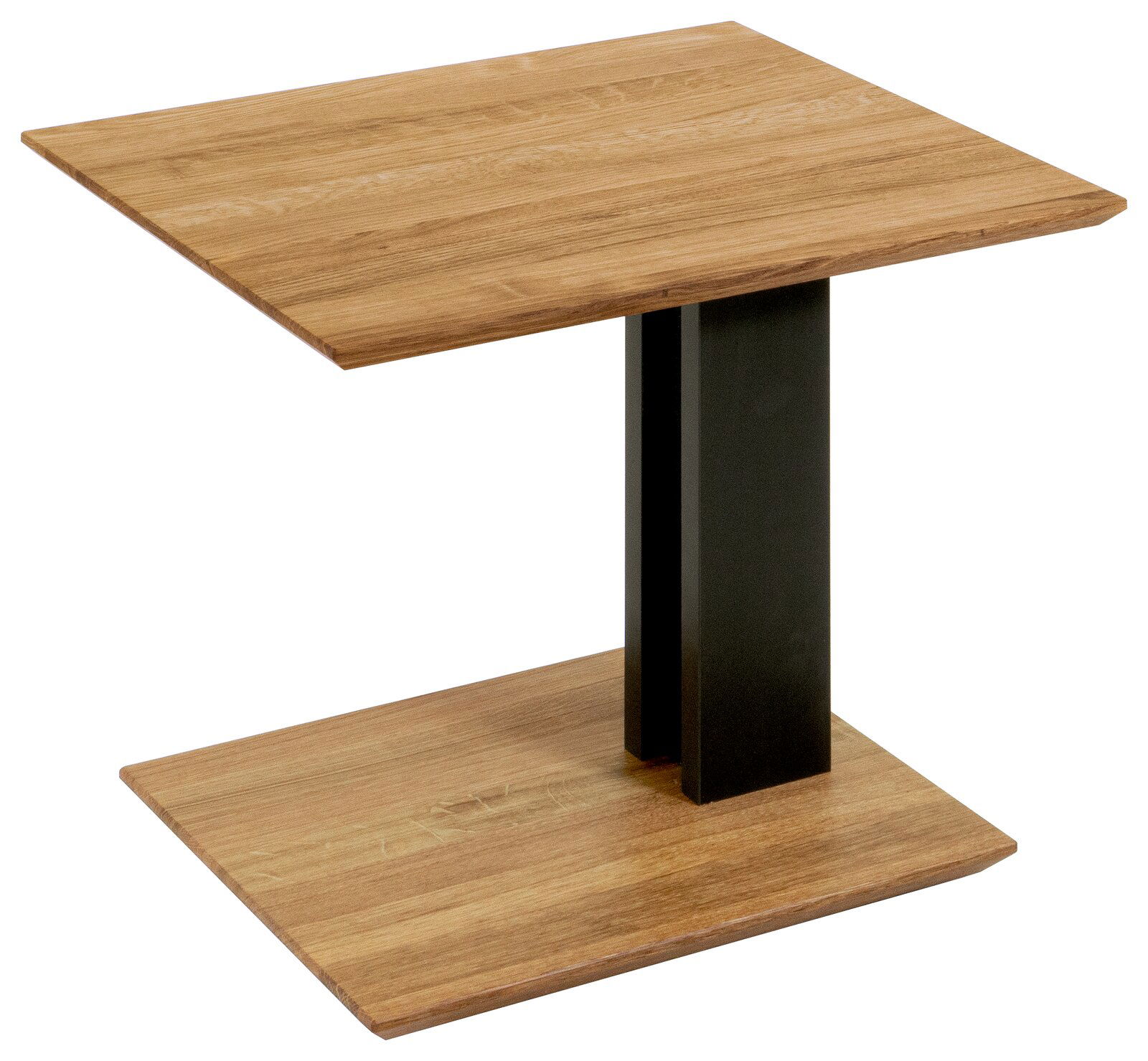 Moderner Beistelltisch mit Holzoberfläche und schwarzem Metallgestell, seitliche Perspektive