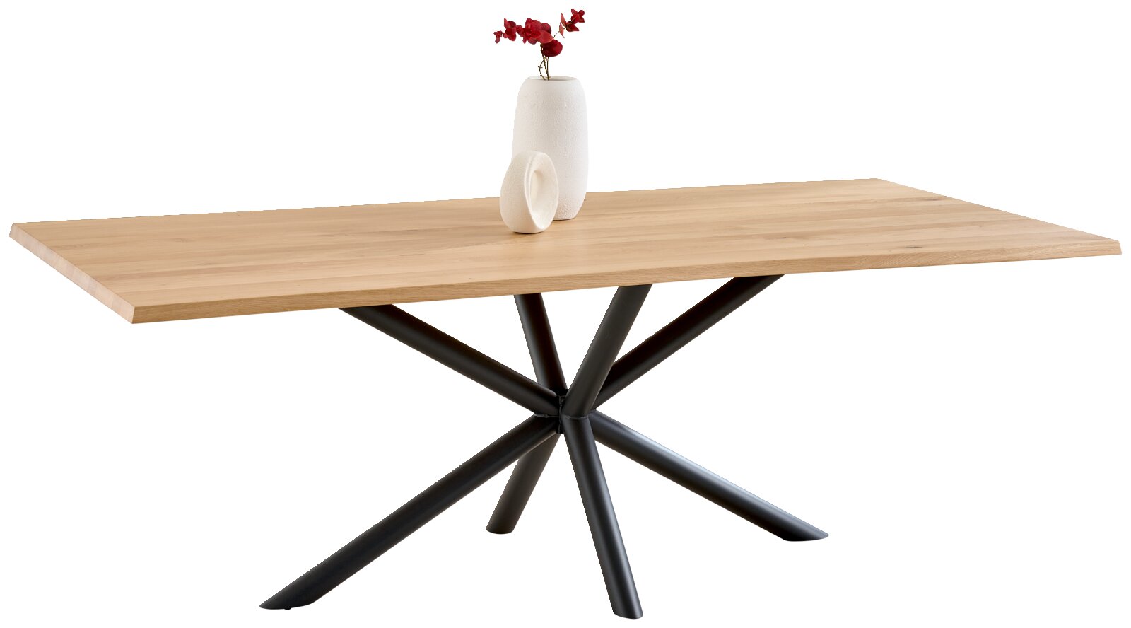 Dieter Knoll Esstisch TAVOLO Rechteckiger Esstisch mit heller Holzplatte und schwarzem Metall-Sternfuß, freigestellt in schräger Frontansicht von oben