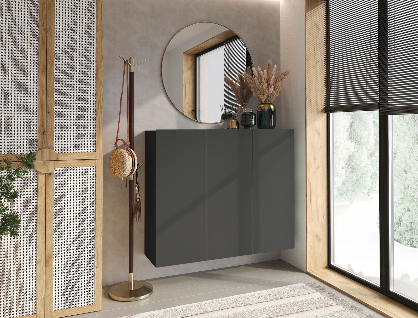 Hom´in Hängeschuhschrank NEWNIQ Moderner Hängeschuhschrank in dunklem Design, frontal betrachtet, mit dekorativen Elementen auf der Oberseite, neben einem großen Fenster und einem runden Spiegel.