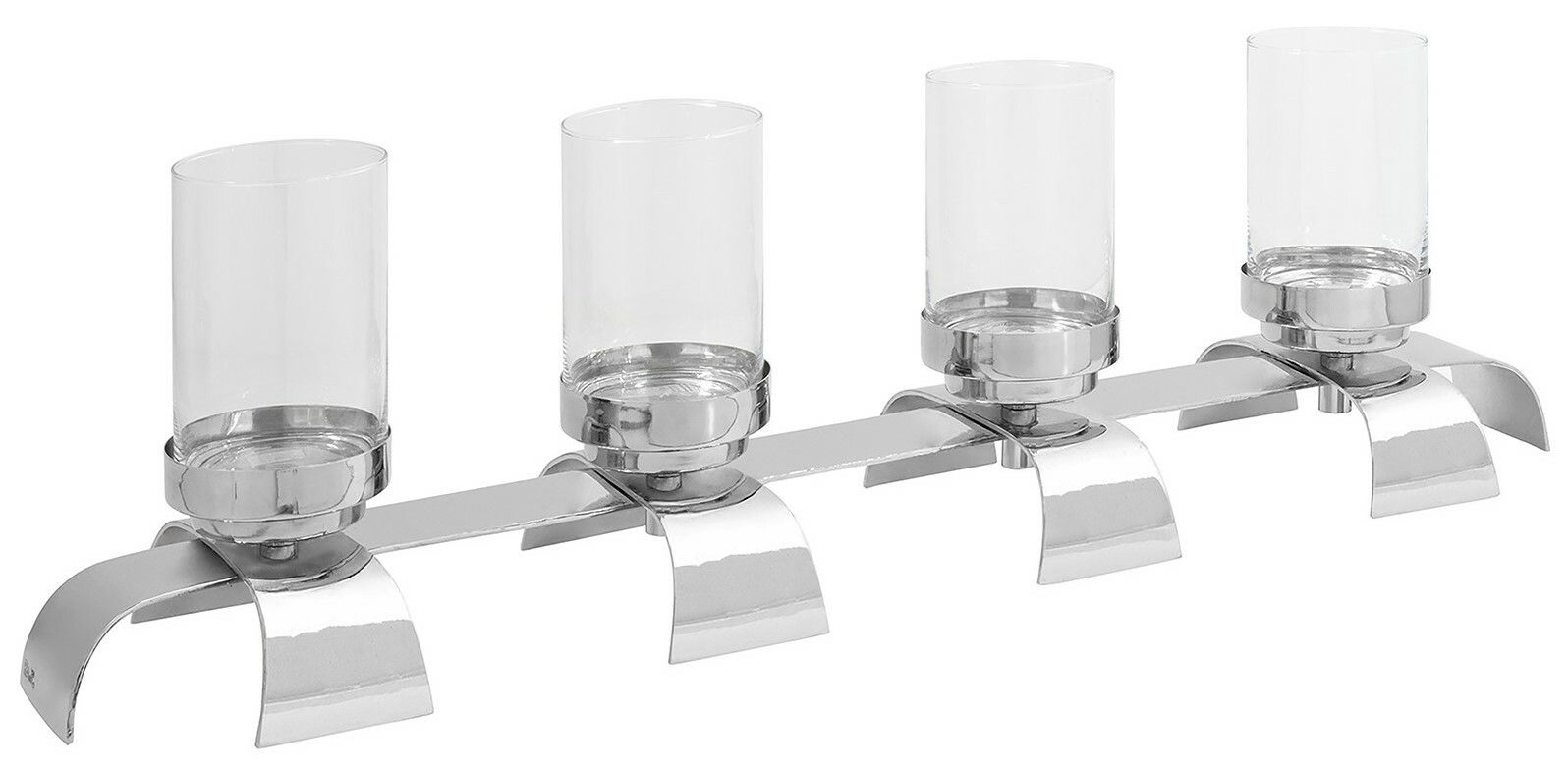 Moderner vierflammiger Leuchter mit Glasaufsätzen in seitlicher Perspektive.