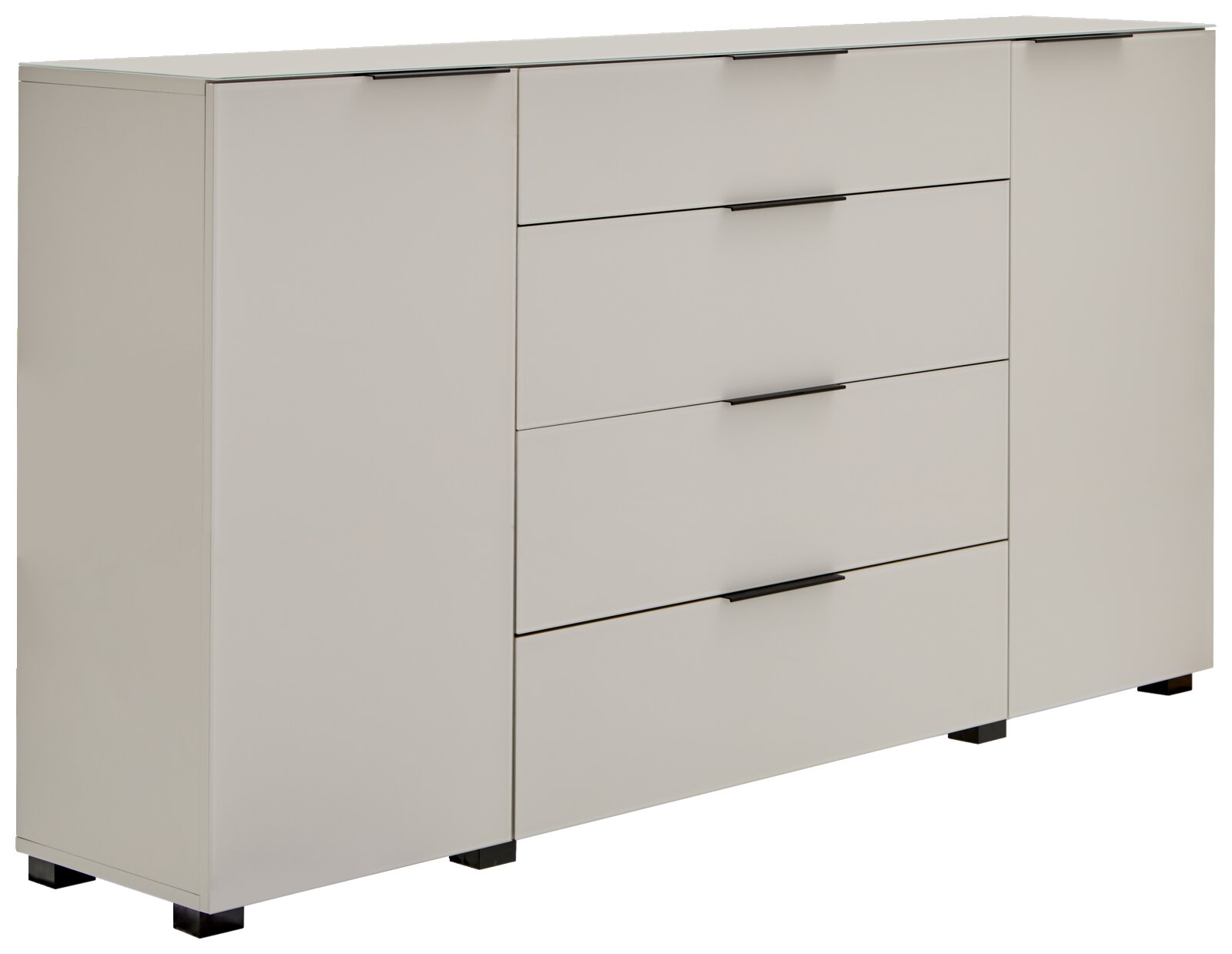 Novel Dressoir MALIN 2.0 Moderne witte dressoir met twee kastdeuren en vier lades, zwarte handgrepen en poten, vrijstaand in vooraanzicht met een licht perspectief van links