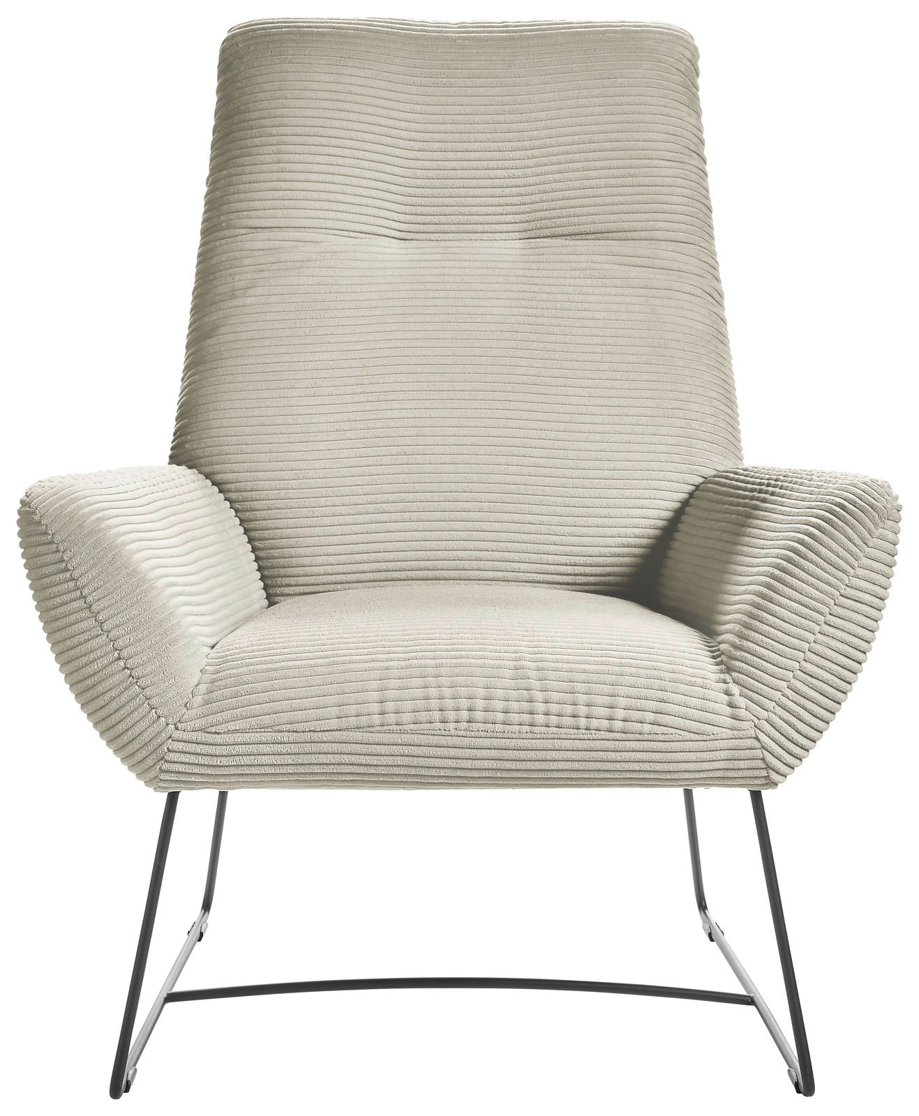 Moderner Sessel mit geripptem Stoffbezug in hellem Beige, frontal fotografiert, mit schlanken Metallbeinen.