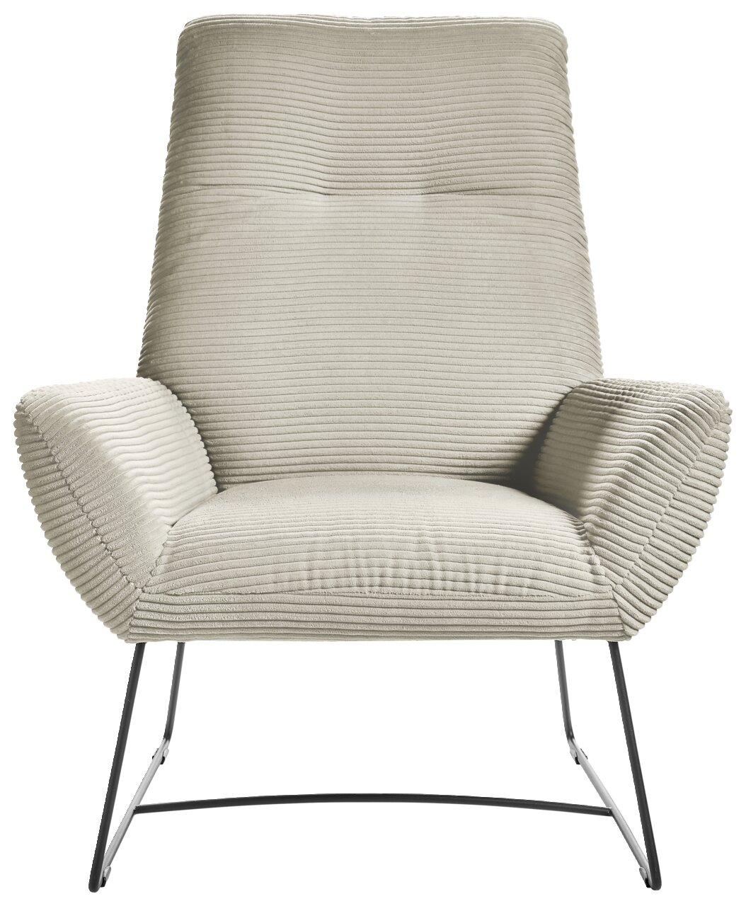 Moderner Sessel mit geripptem Stoffbezug in hellem Beige, frontal fotografiert, mit schlanken Metallbeinen.