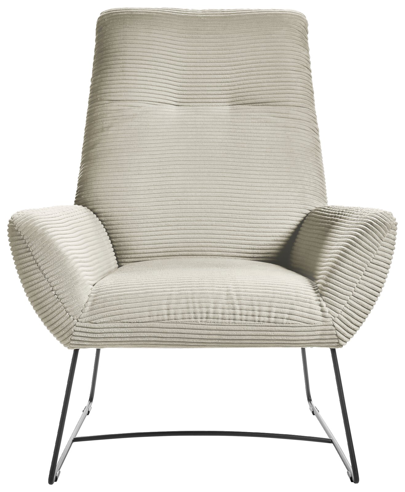 Moderner Sessel mit geripptem Stoffbezug in hellem Beige, frontal fotografiert, mit schlanken Metallbeinen.