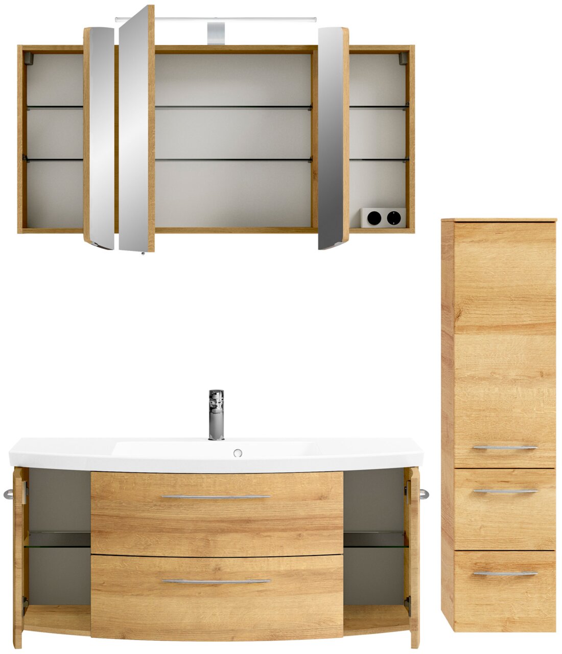 Badkombination aus Holz mit Spiegelschrank, Waschbeckenunterschrank und hohem Schrank, Frontalansicht