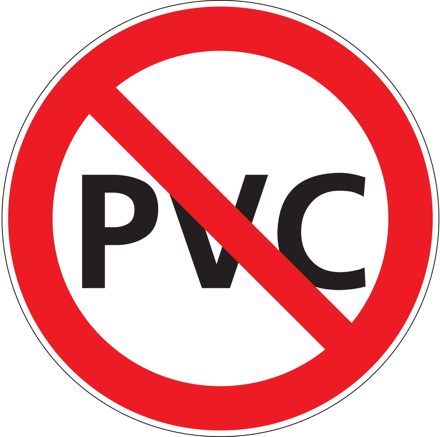 Symbol für PVC-freies Material, rote durchgestrichene Linie über den Buchstaben PVC, Vorderansicht