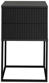 Moderne schwarze Nachtkommode mit geriffelter Front und Metallgestell, Frontalansicht