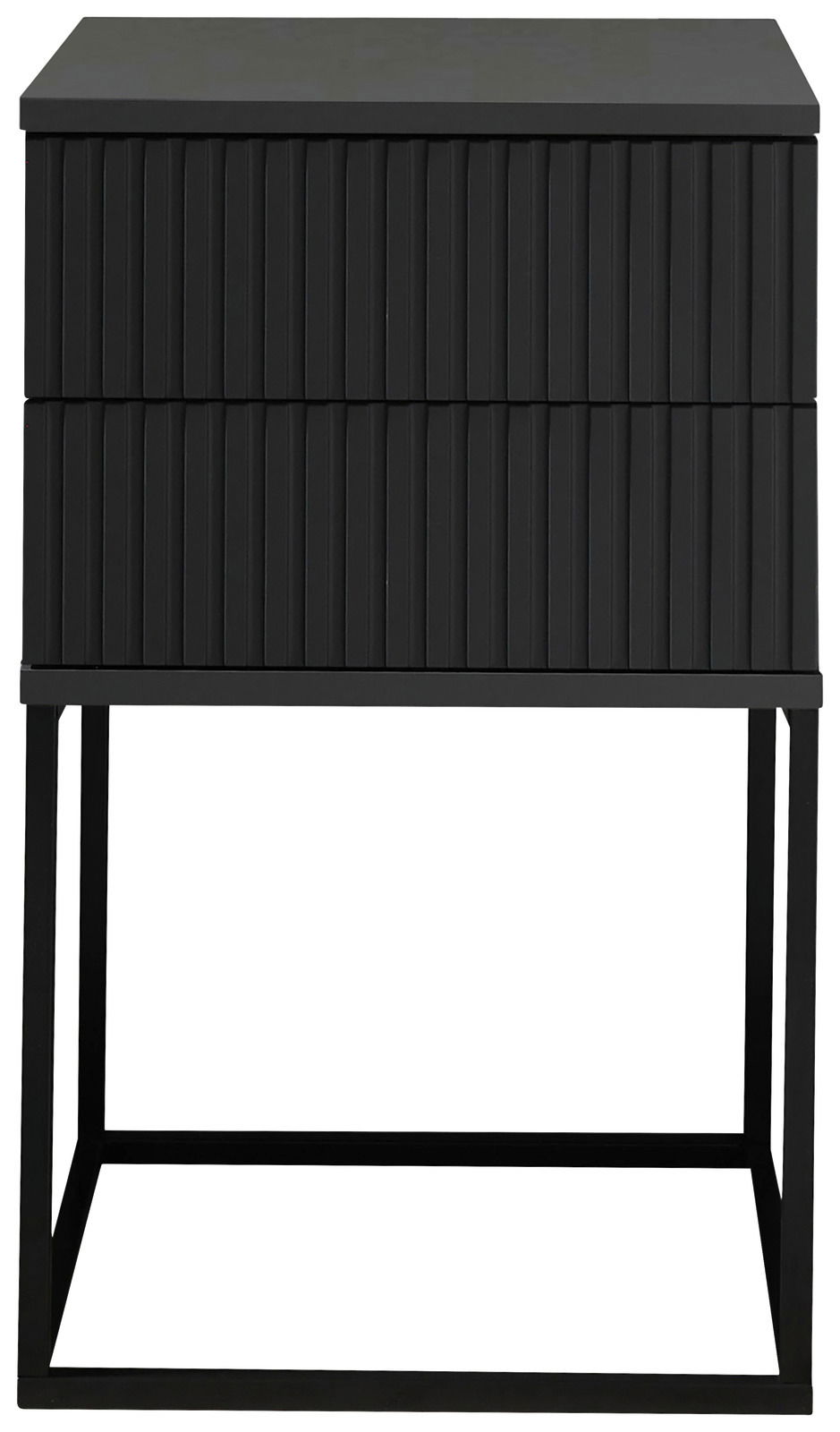 Moderne schwarze Nachtkommode mit geriffelter Front und Metallgestell, Frontalansicht