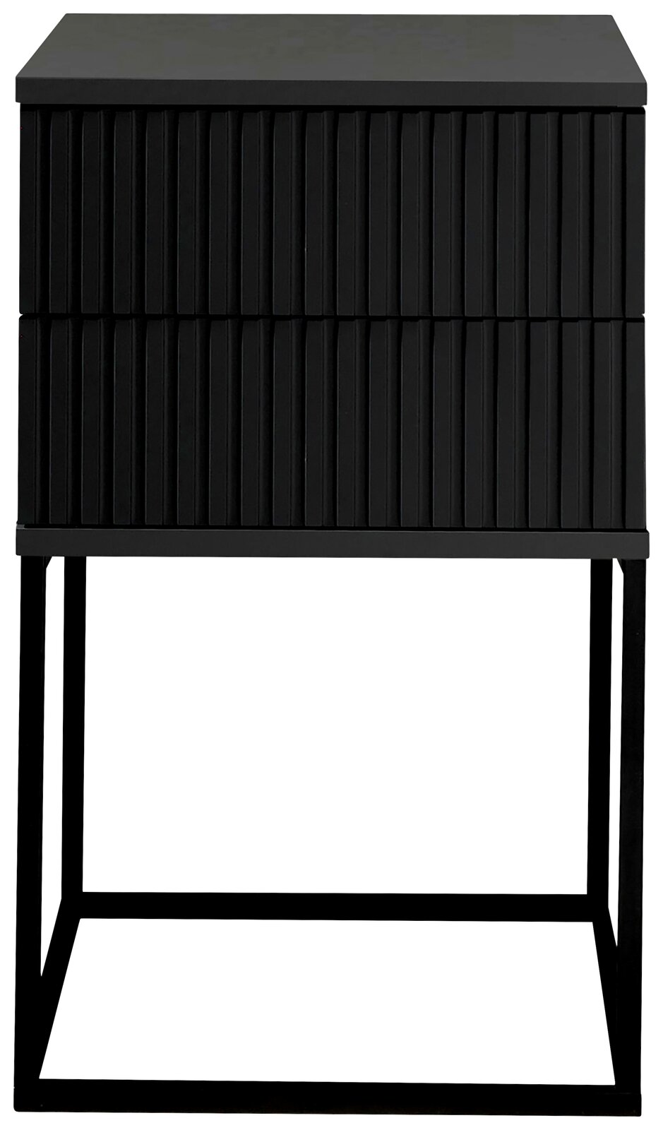 Moderne schwarze Nachtkommode mit geriffelter Front und Metallgestell, Frontalansicht