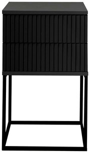 Moderne schwarze Nachtkommode mit geriffelter Front und Metallgestell, Frontalansicht