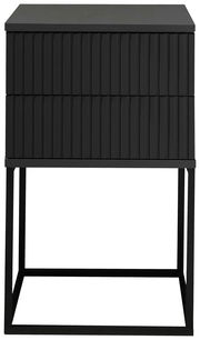 Moderne schwarze Nachtkommode mit geriffelter Front und Metallgestell, Frontalansicht