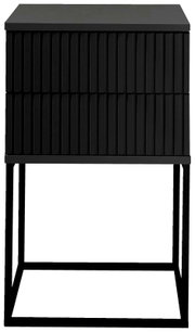 Moderne schwarze Nachtkommode mit geriffelter Front und Metallgestell, Frontalansicht