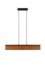 Moderne Pendelleuchte aus Holz und Metall, frontal betrachtet