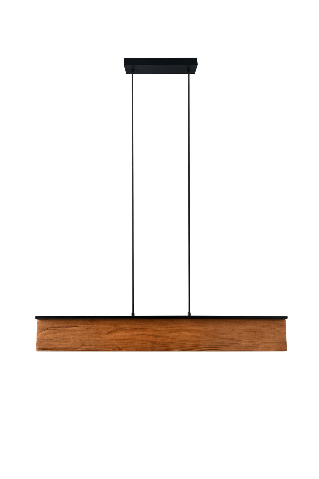 Moderne Pendelleuchte aus Holz und Metall, frontal betrachtet