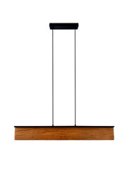 Moderne Pendelleuchte aus Holz und Metall, frontal betrachtet