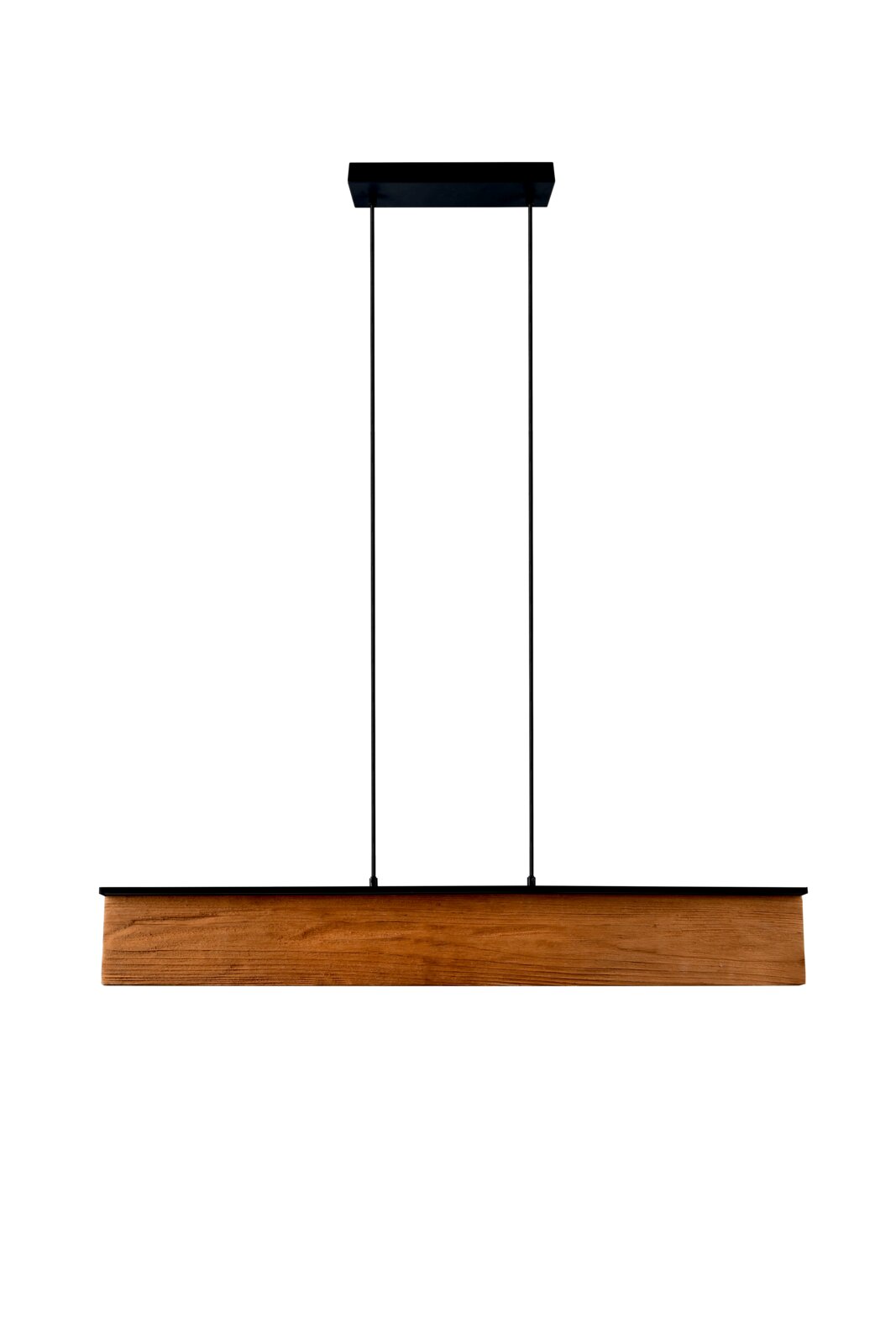 Moderne Pendelleuchte aus Holz und Metall, frontal betrachtet