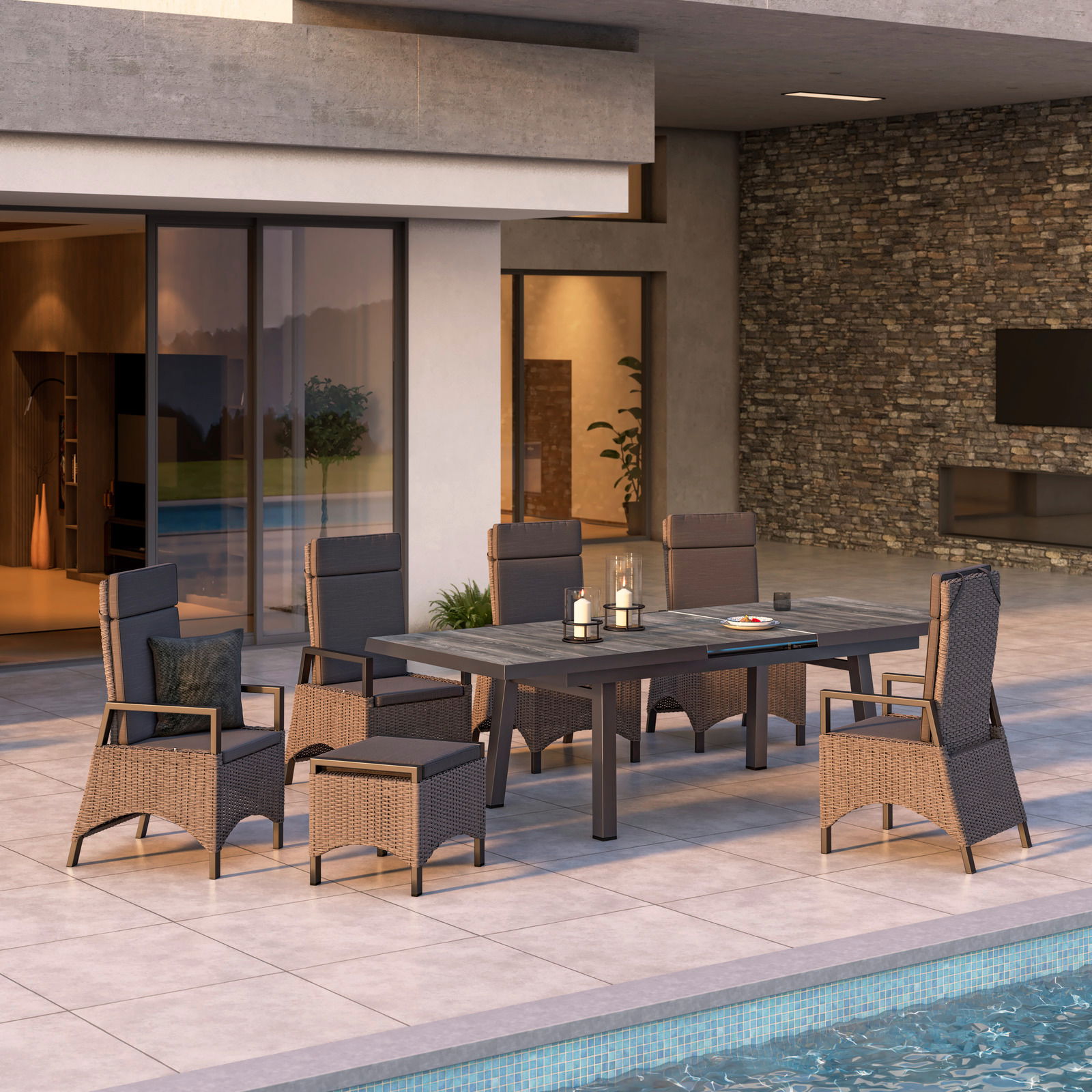 Großer, ausziehbarer Gartentisch mit sechs Stühlen auf einer modernen Terrasse, seitliche Perspektive.