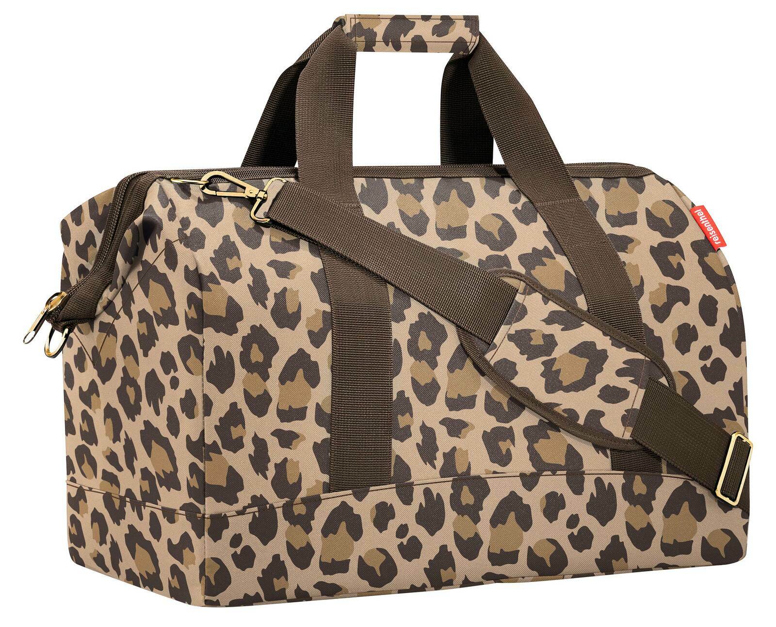 Leopardenmuster Reisetasche mit braunen Trägern, seitliche Perspektive