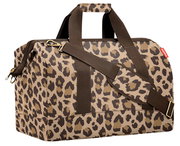 Leopardenmuster Reisetasche mit braunen Trägern, seitliche Perspektive