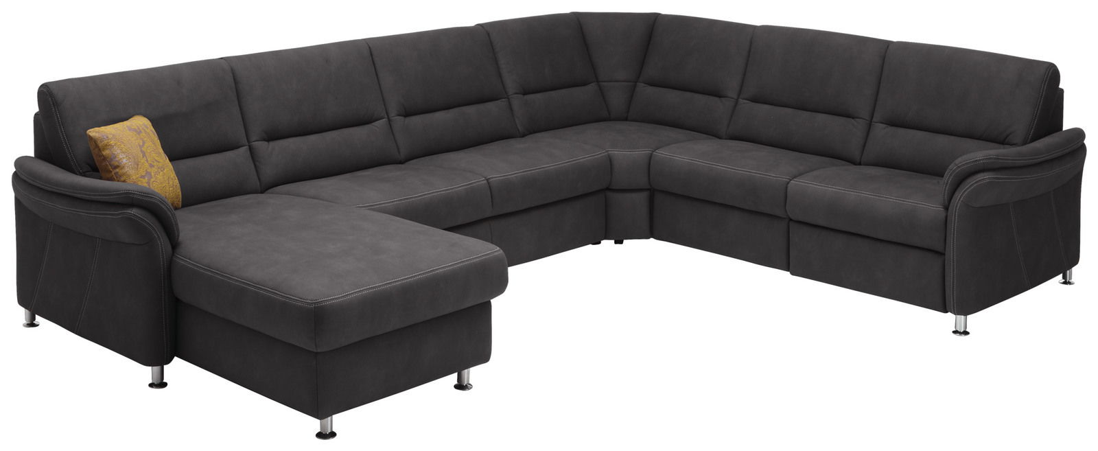 Beldomo System Ecksofa DAKOTA S Graue Polsterrundecke mit modernem Design, L-Form und einem gelben Kissen, Perspektive von vorne links.