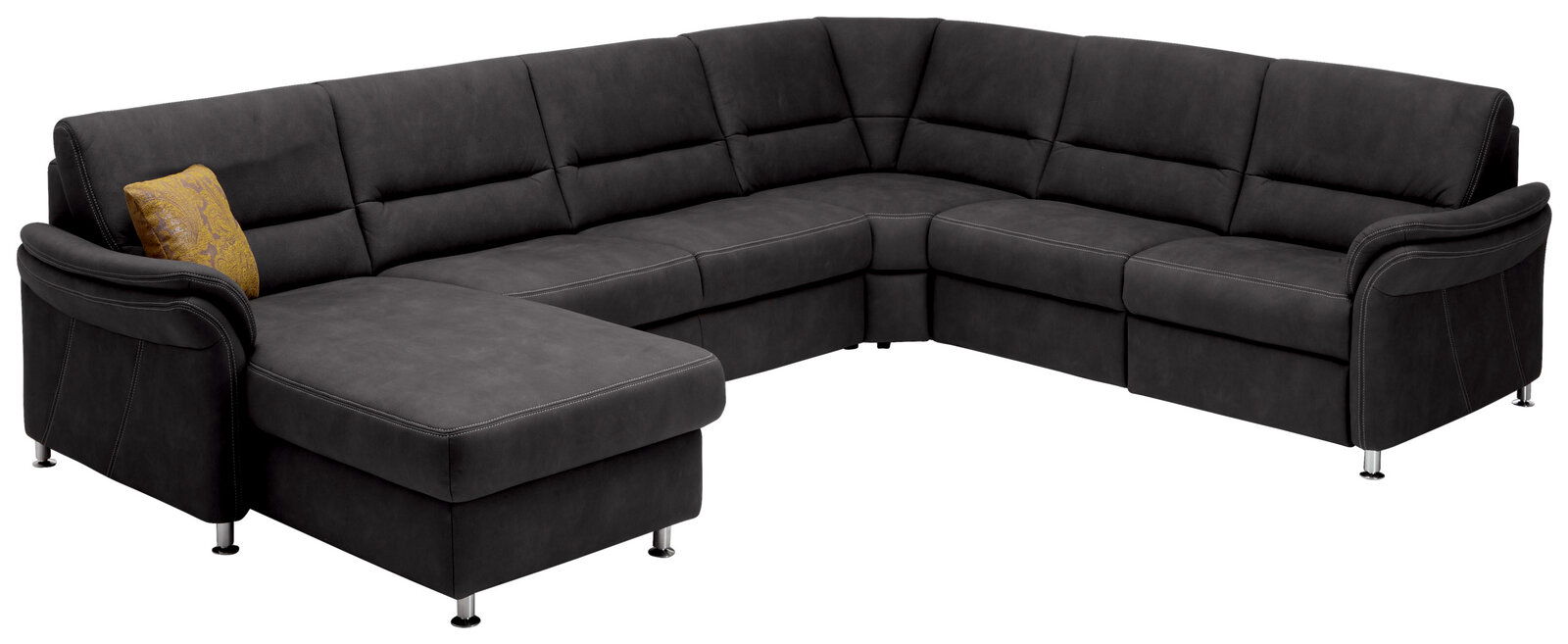 Graue Polsterrundecke mit modernem Design, L-Form und einem gelben Kissen, Perspektive von vorne links.