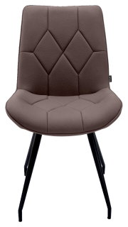 Moderner Stuhl mit gepolsterter Sitzfläche und Rückenlehne in braunem Stoff, schwarze Metallbeine, Frontalansicht.