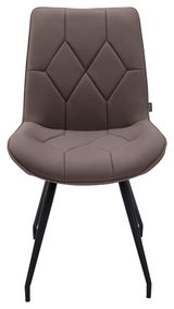 Moderner Stuhl mit gepolsterter Sitzfläche und Rückenlehne in braunem Stoff, schwarze Metallbeine, Frontalansicht.