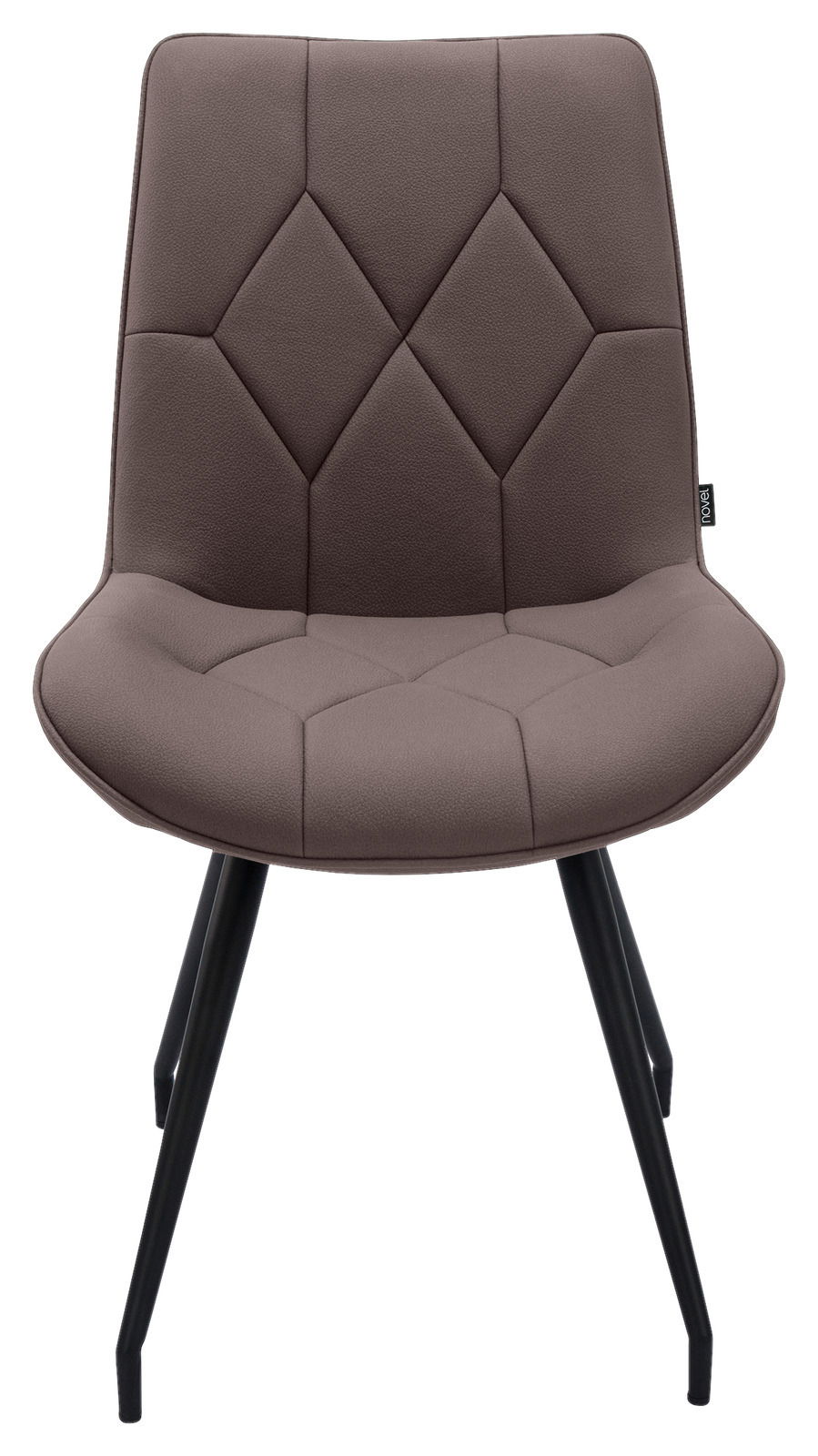 Moderner Stuhl mit gepolsterter Sitzfläche und Rückenlehne in braunem Stoff, schwarze Metallbeine, Frontalansicht.