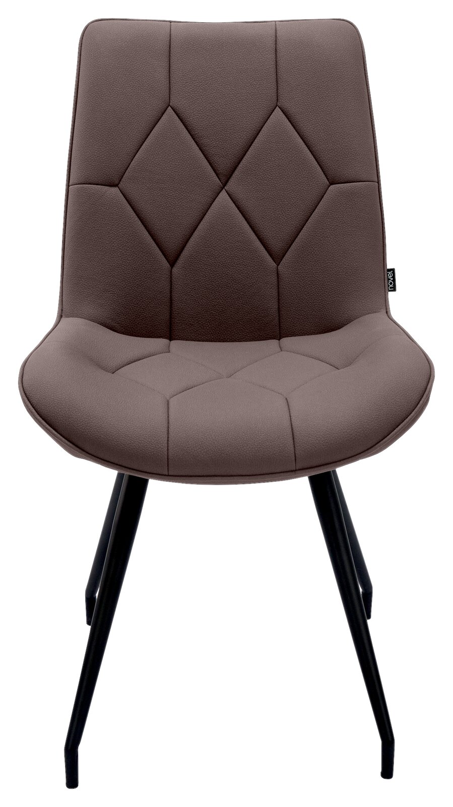 Moderner Stuhl mit gepolsterter Sitzfläche und Rückenlehne in braunem Stoff, schwarze Metallbeine, Frontalansicht.