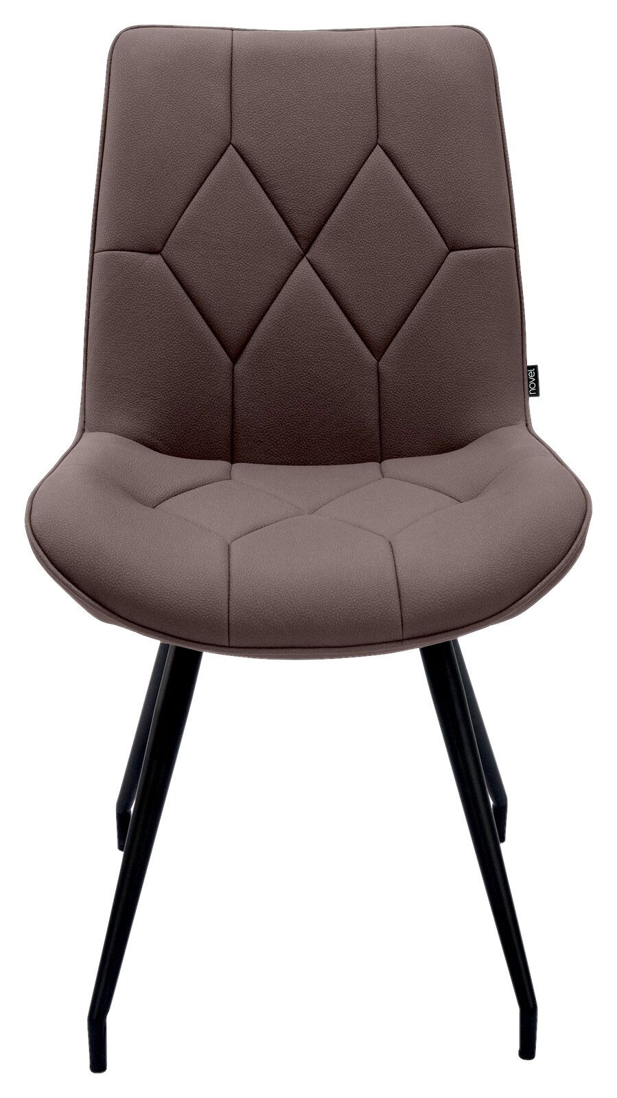 Moderner Stuhl mit gepolsterter Sitzfläche und Rückenlehne in braunem Stoff, schwarze Metallbeine, Frontalansicht.