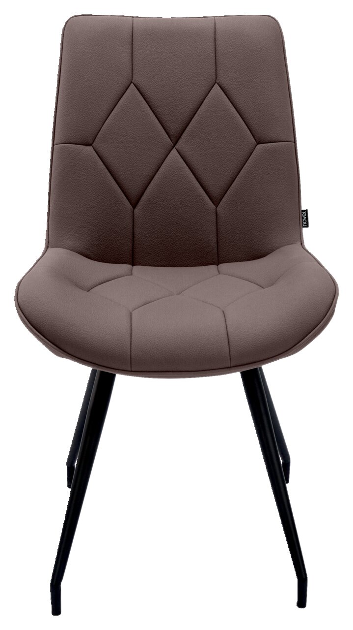 Moderner Stuhl mit gepolsterter Sitzfläche und Rückenlehne in braunem Stoff, schwarze Metallbeine, Frontalansicht.