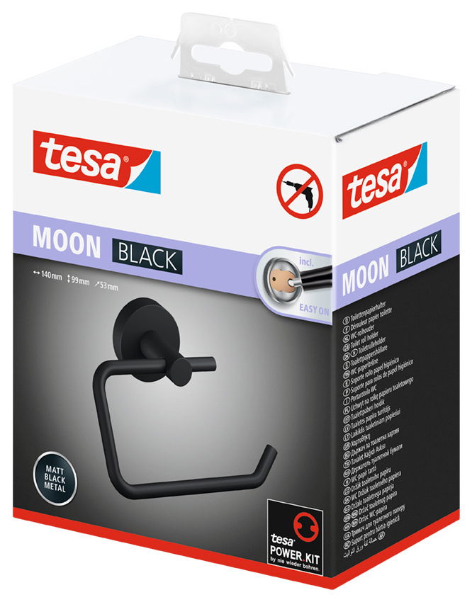 Verpackung des tesa MOON BLACK Toilettenpapierhalters in mattem Schwarz, Vorderansicht