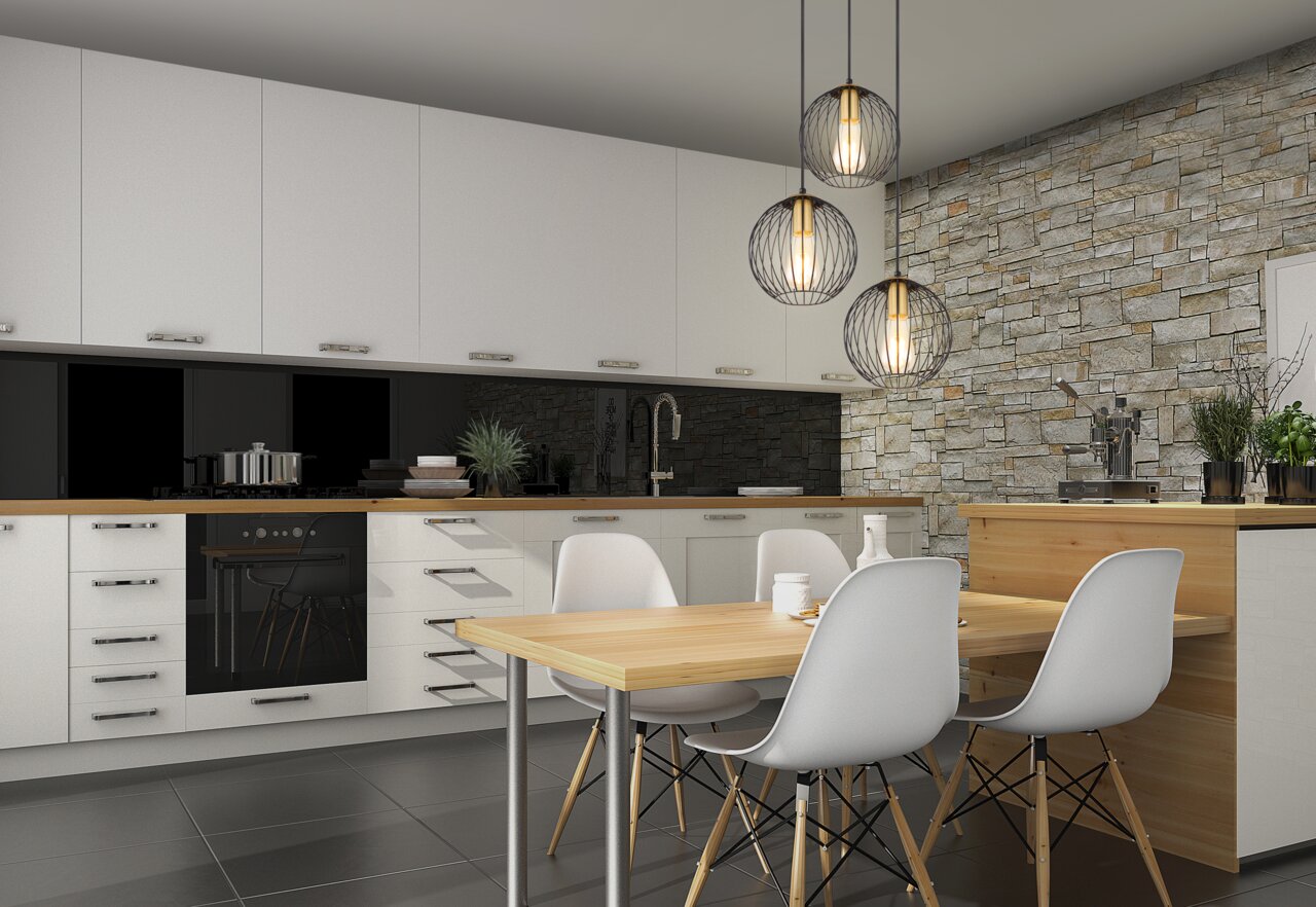 Globo Lighting Hängeleuchte EUSEBIUS Moderne Hängeleuchte mit drei kugelförmigen Lampenschirmen aus schwarzem Drahtgeflecht, hängend über einem Esstisch in einer stilvollen Küche, seitliche Perspektive.