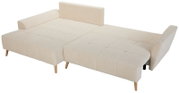 Beiges Schlafsofa mit ausgeklappter Liegefläche, gesteppter Polsterung, Holzfüßen sowie Rücken- und Armlehnen, in schräger Vorderansicht