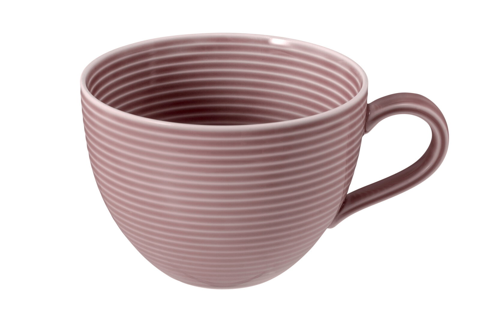Milchkaffeeobertasse 0,35 l in Rosa mit horizontalen Rillen, seitliche Perspektive