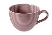 Milchkaffeeobertasse 0,35 l in Rosa mit horizontalen Rillen, seitliche Perspektive