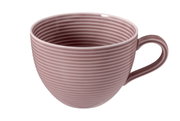 Milchkaffeeobertasse 0,35 l in Rosa mit horizontalen Rillen, seitliche Perspektive