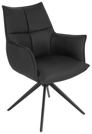 Schwarzer Armlehnstuhl mit modernem Design, gepolstertem Sitz und Rückenlehne, auf einem drehbaren Metallgestell. Perspektive: seitliche Ansicht.