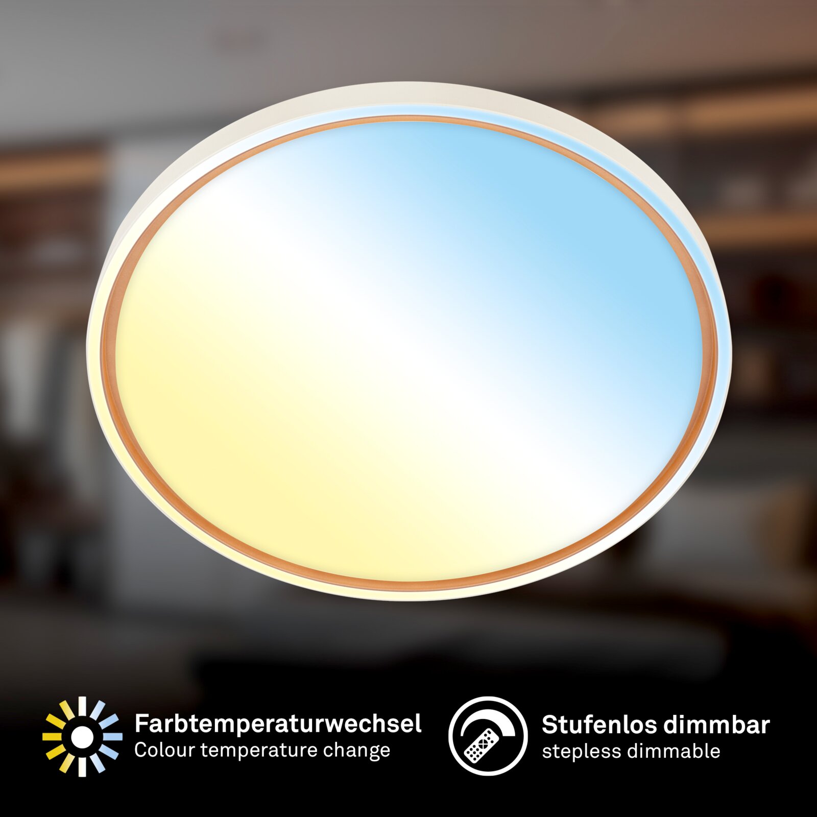 Ronde plafondlamp met witte en houtkleurige rand, van onderaf gezien, met instelbare kleurtemperatuur en traploos dimbare verlichting via afstandsbediening.