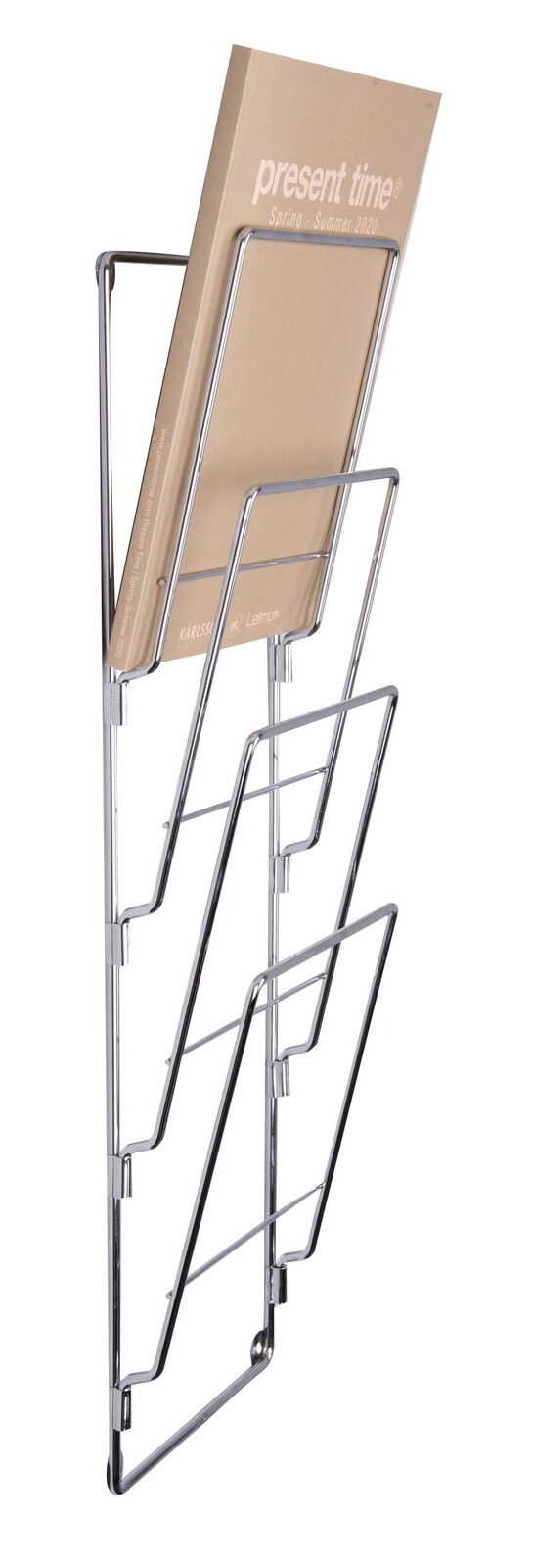 Wandmontiertes Zeitungsregal aus Metall mit mehreren Fächern, seitliche Perspektive.