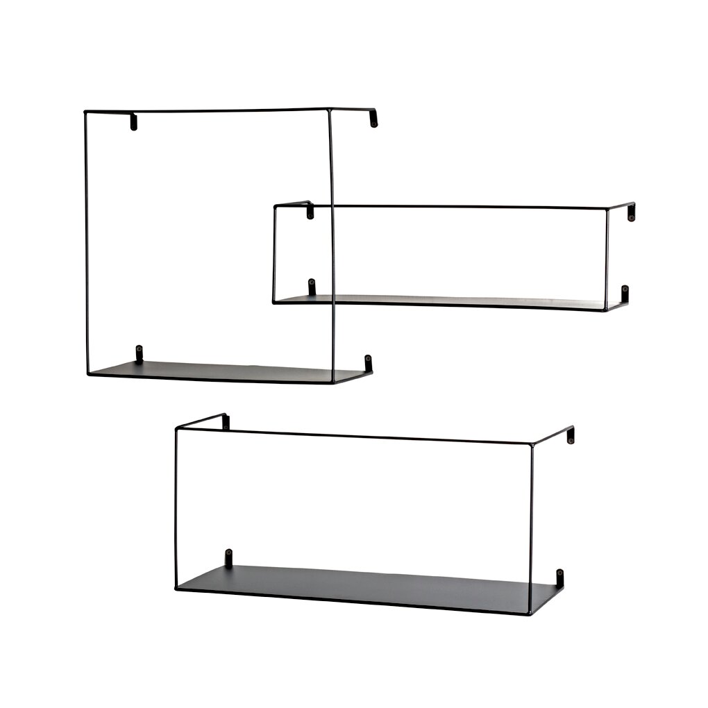 Drei minimalistische schwarze Wandregale aus Metall mit dünnem Rahmen und Ablagefläche, freigestellt vor weißem Hintergrund, in Frontansicht/leichter Schrägansicht.