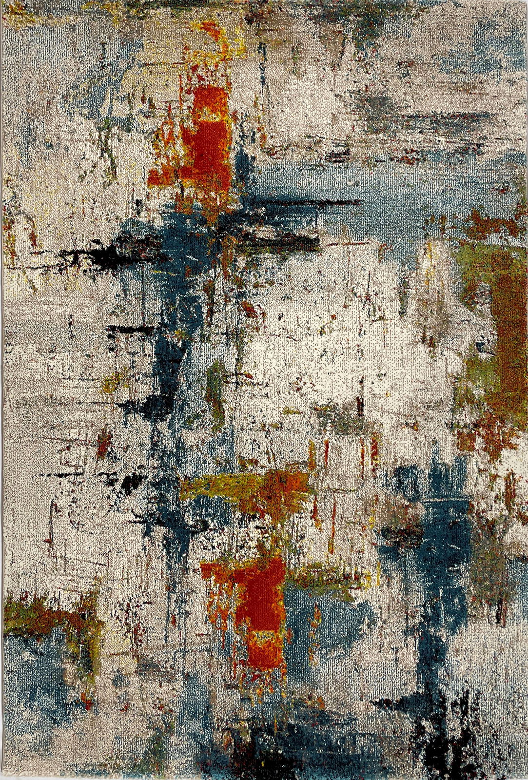 Moderner Webteppich mit abstraktem Design in Blau-, Rot- und Gelbtönen, Draufsicht