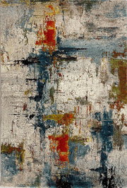 Moderner Webteppich mit abstraktem Design in Blau-, Rot- und Gelbtönen, Draufsicht