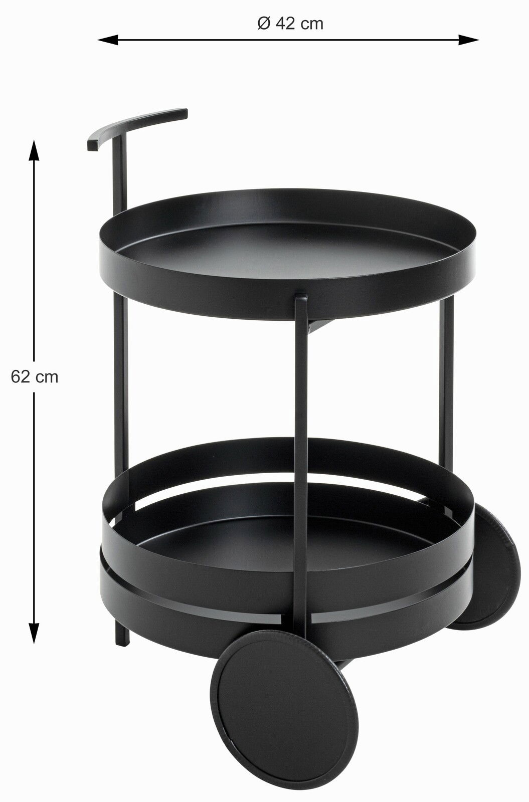 Schwarzer Servierwagen mit zwei runden Ablagen, 42 cm Durchmesser, 62 cm hoch, seitliche Ansicht.
