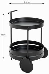 Schwarzer Servierwagen mit zwei runden Ablagen, 42 cm Durchmesser, 62 cm hoch, seitliche Ansicht.