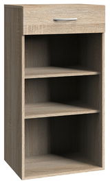 Holzregal mit zwei offenen Fächern und einer Schublade, Frontalansicht