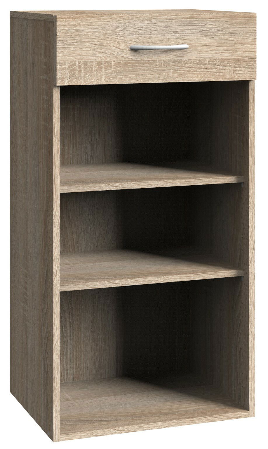 Holzregal mit zwei offenen Fächern und einer Schublade, Frontalansicht