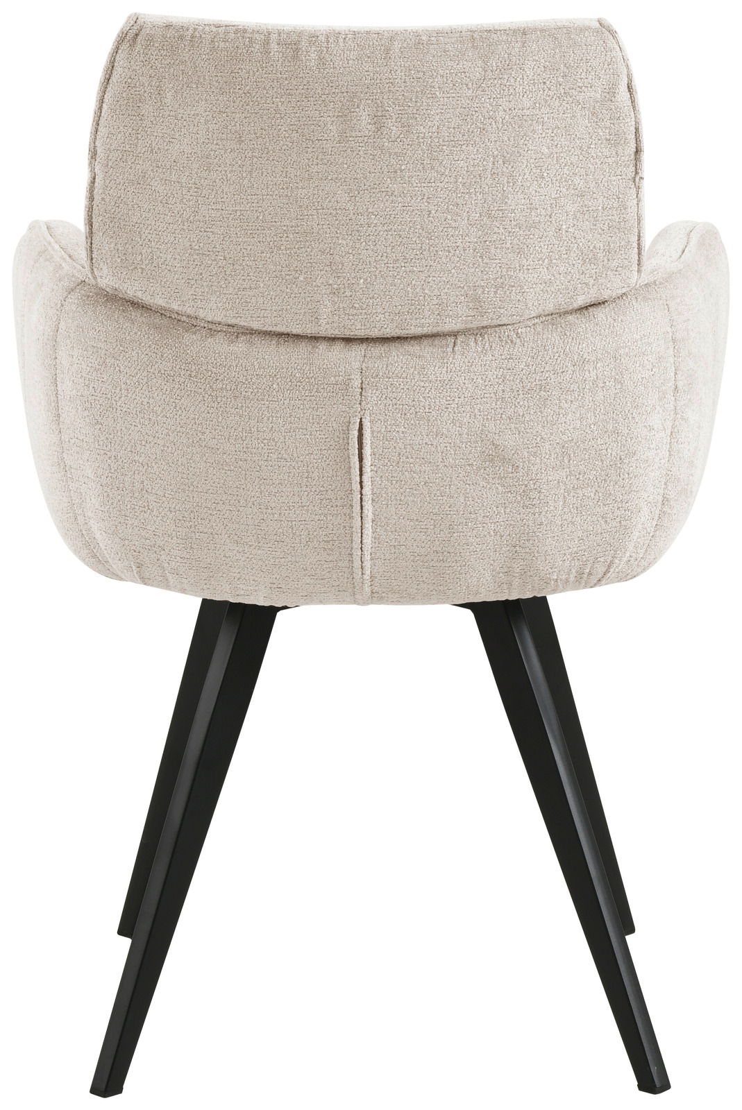 Rückansicht eines beigen Armlehnstuhls mit schwarzen Beinen