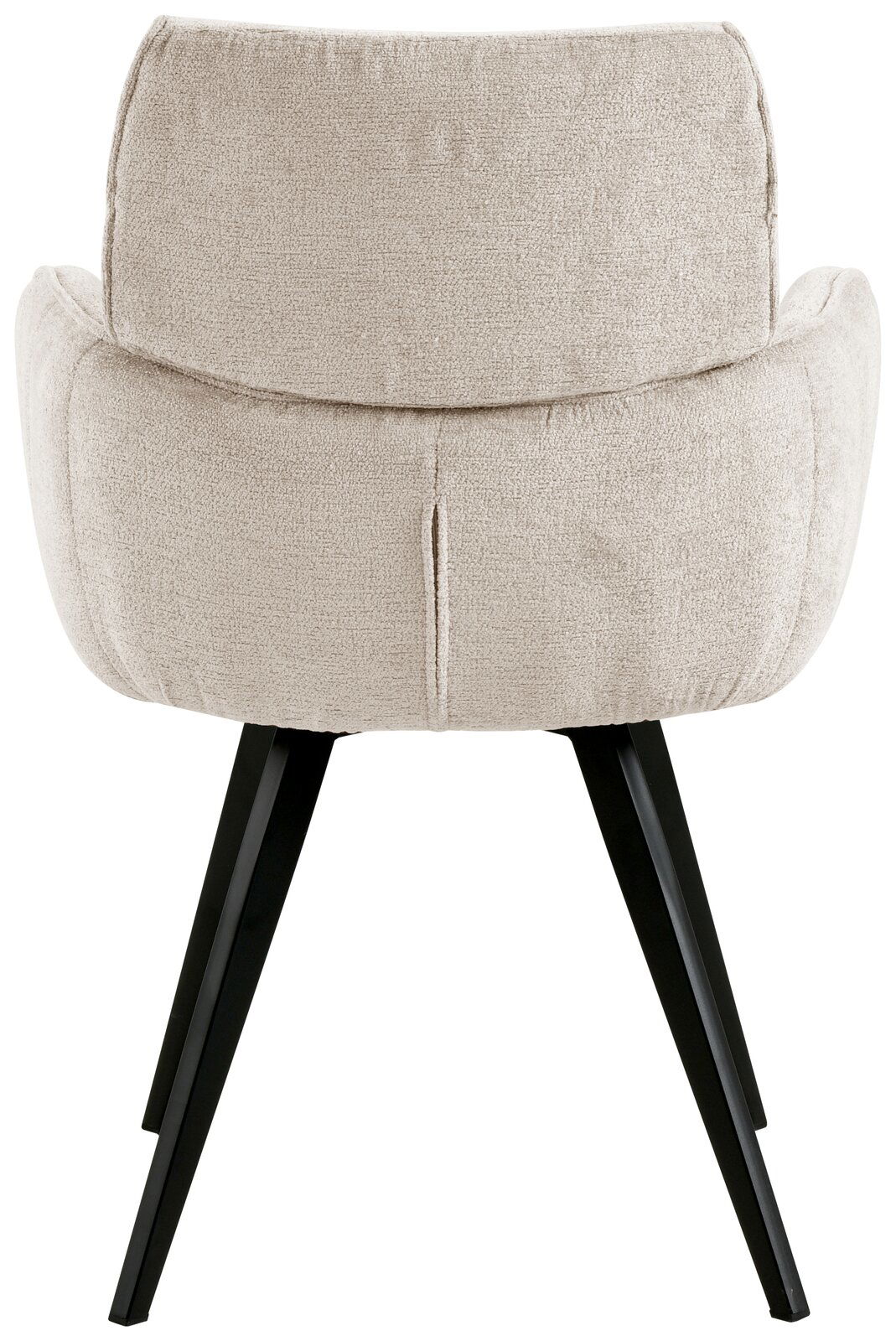 Rückansicht eines beigen Armlehnstuhls mit schwarzen Beinen
